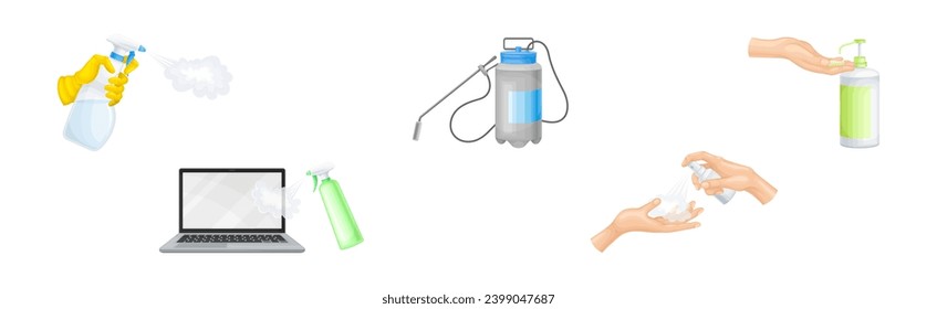 Cleaning and Disinfection Objects and Hands as Personal Hygiene and Care Vector Set