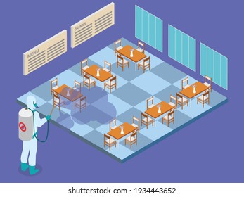 Cleaning and Disinfection in restaurant 3D isometric vector concept for banner, website, illustration, landing page, flyer, etc