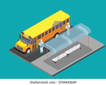 Cleaning and Disinfection school bus 3D isometric vector concept for banner, website, illustration, landing page, flyer, etc