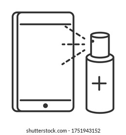 cleaning disinfection, smartphone spray alcohol, coronavirus prevention sanitizer products line style icon vector illustration