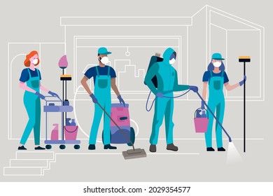 Cleaning and disinfection staff with detergents, special tools and industrial washer equipment. Wearing face mask for coronavirus prevention. Hygiene and disinfection service concept.