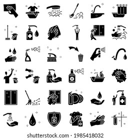 Cleaning and disinfection of surfaces, windows. Removal of stains from clothes, washing hands, cleaning of dishes, hygiene, antibacterial processing, bathroom. Set of icons, vector, glyph, 48x48 pixel