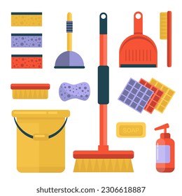 Cleaning and disinfection tools. Clean floor, vector sanitary and hygiene products, broom and mop, bucket, household equipment items isolated on white background. Cleaning equipment set