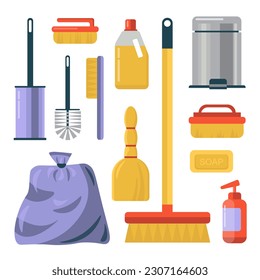 Cleaning and disinfection tools. Clean floor, vector sanitary and hygiene products, broom and mop, bucket, household equipment items isolated on white background. Cleaning equipment set