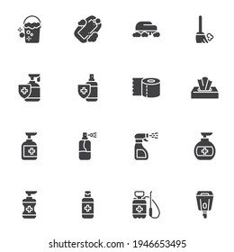 Cleaning and disinfection vector icons set, hygiene modern solid symbol collection, filled style pictogram pack. Signs, logo illustration. Set includes icons as hand sanitizer gel, antibacterial spray