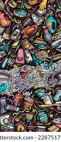 Cleaning doodle banner. Cartoon vector detailed flyer. Illustration with cleanup objects and symbols. Colorful background