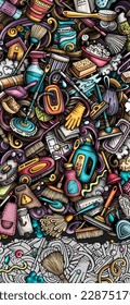 Cleaning doodle banner. Cartoon vector detailed flyer. Illustration with cleanup objects and symbols. Colorful background