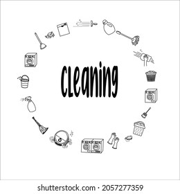 cleaning doodle. hand drawn set . cleaning products isolated on white background. robot vacuum cleaner, dryer machine,laundry bascet, brush, sponge, pail, squeegee mop, rubber gloves,broom. 