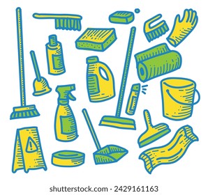 ilustración vectorial de garabato de limpieza verde y amarillo