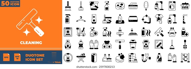 Cleaning Duotone Editable Icons set. Vector illustration in modern thin duotone style of cleaning icons: Clean, Kitchen, House, Mop, etc