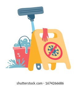 Cleaning during coronavirus quarantine concept. Yellow Caution sign, red bucket, mop, latex gloves Prevention of Novel corona virus disease COVID-19, 2019-nCoV, MERS-Cov. Vector flat illustration.