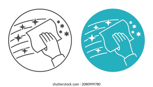 Cleaning duster or agent flat icon. Hand of houseworker wipes the surface with a napkin. Agent that cleaning from dust to shine. Hygiene home. Housekeeping service concept. Vector illustration