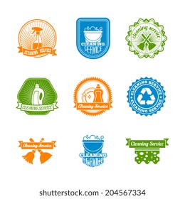 Cleaning dusting and sanitation color labels set of spray cleaner bottle  vector illustration