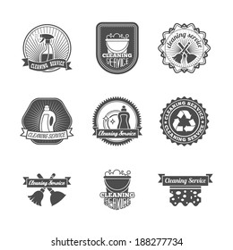 Cleaning dusting and sanitation labels set of spray cleaner bottle plunger isolated vector illustration.