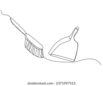 Cleaning dustpan and brush in continuous one line art style. Simple vector illustration