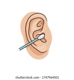 Cleaning the ear canal with a cotton swab. Illustration of unhealthy habit. Removing earwax with cotton bud. Vector illustration of human ear closeup on white background. Realistic style.