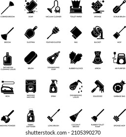 Cleaning elements black and white flat vector icon collection set