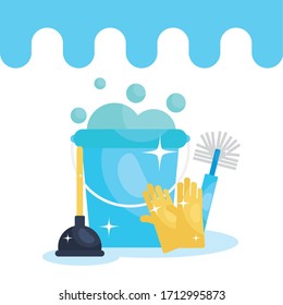 Reinigungselemente und Eimer mit Seifenwasser auf weißem Hintergrund, buntes Design, Vektorillustration