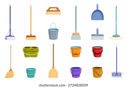 Elementos de limpieza. Cubos y escobas de dibujos animados, recogedor de polvo. Hogar, herramientas de jardín. Equipo de servicio limpio, escoba, cubo, juego de Vector sapid