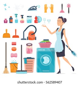 Cleaning elements collection with maid  household supplies equipment and tools isolated vector illustration