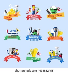 Cleaning emblem set with ribbons and descriptions of clean time cleaning service cleaning house vector illustration