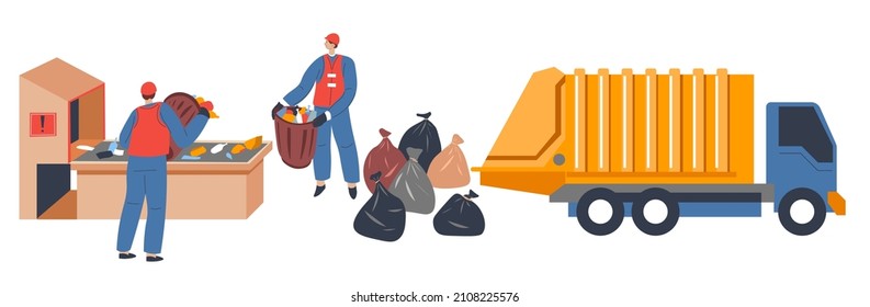 Cleaning environment from garbage, municipal workers caring for cleanliness of city and streets. People in uniforms with sacks full of rubbish and litter, disposal and bulky items. Vector in flat