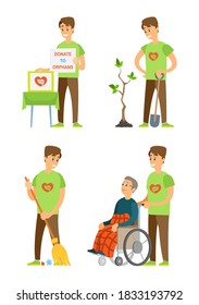 Cleaning environment vector, isolated man standing with table asking for donation help person with pensioner in wheelchair with disabilities, tree growing