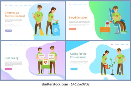 Cleaning environment vector, people with bags and rubbish, blood donation and charity, growing tree and blood donation of male volunteers. Website or slider app, landing page flat style