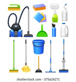 Cleaning equipment and accessories realistic icons collection with vacuum cleaner brushes and mops abstract isolated vector illustration