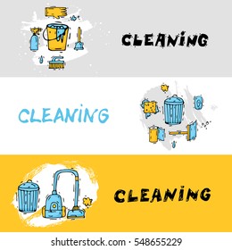 Cleaning equipment. Banners. Hand drawn vintage style. Flat design vector illustration.
