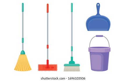 Cleaning Equipment with Bucket, Mop and Shovel Vector Set