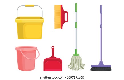 Cleaning Equipment with Bucket, Mop and Shovel Vector Set