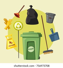Cleaning equipment. Cartoon vector illustration