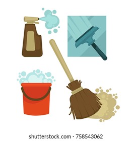 Cleaning equipment and chemical means isolated illustrations set