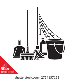 Cleaning equipment with cobweb vector icon for No House Work Day on April 7