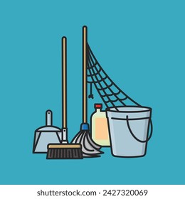 Equipo de limpieza con ilustración vectorial de telaraña para el Día sin trabajo en la casa el 7 de abril