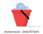 Cleaning equipment concept, water bucket icon, flat cartoon pail or pail with foam and bubbles, brush, foam sponge and soap, flat vector illustration isolated on background.