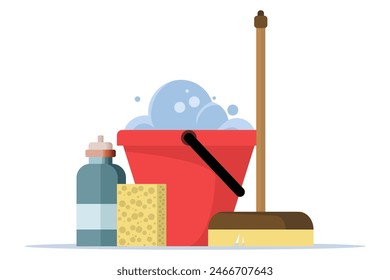 Cleaning equipment concept, water bucket icon, flat cartoon pail or pail with foam and bubbles, brush, foam sponge and soap, flat vector illustration isolated on background.