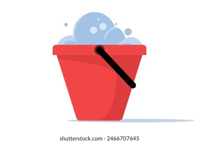 Cleaning equipment concept, water bucket icon, flat cartoon pail or pail with foam and bubbles, brush, foam sponge and soap, flat vector illustration isolated on background.