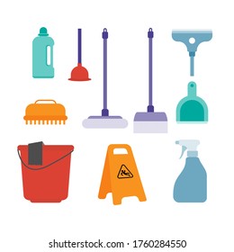 cleaning equipment design collection with solid colors and flat style