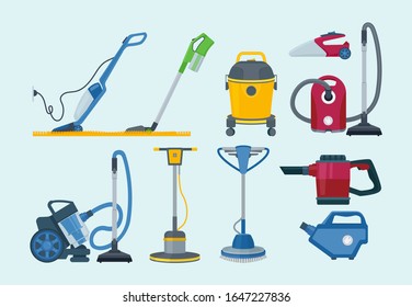 Cleaning equipment. Electrical vacuum cleaner professional supplies household service vector collection pictures