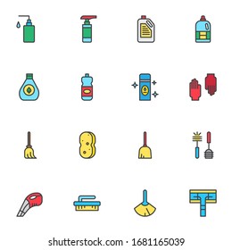 Cleaning equipment filled outline icons set, line vector symbol collection, linear colorful pictogram pack. Sign, logo illustration, Set includes icons as detergent bottles, sweeping mop, toilet brush