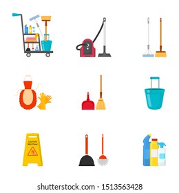 Cleaning equipment flat vector illustrations set. Housekeeping and housework tools isolated cliparts pack on white background. Detergent powder, liquid soap bottles. Domestic chores supplies