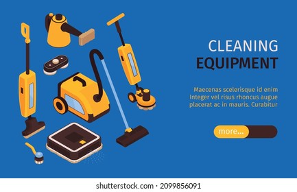 Cleaning equipment horizontal banner demonstrated contemporary gadgets for quick work so as washing robot magnetic brush steam cleaner electric mop and broom isometric vector illustration