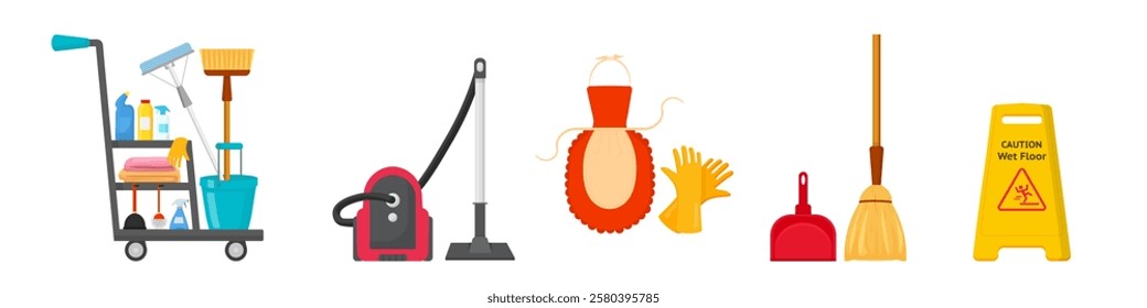 Cleaning equipment. Housekeeping and housework tools isolated on transparent background. Flat vector illustrations set.