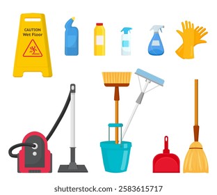 Cleaning equipment. Housekeeping and housework tools isolated on transparent background. Flat vector illustrations set.