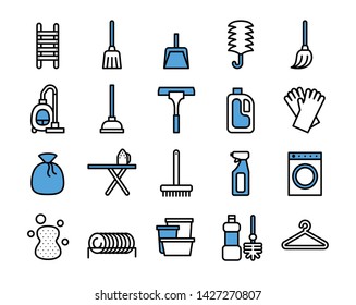 Cleaning Equipment icon set. Vector thin line style. Pixel perfect preview.This file has stroke layer and color layer can be modified.