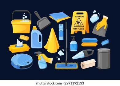 Colección de iconos del equipo de limpieza. Ilustración del vector