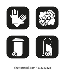 Cleaning equipment icons set. Vacuum cleaner, trash can, sponge with foam and latex gloves. Vector white silhouettes illustrations in black squares.