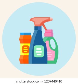 cleaning equipment isolated. Colored plastic bottles with Detergent isolated on background . Stock flat vector illustration. Set.